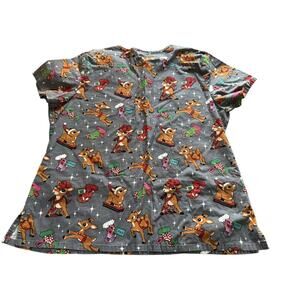 Rudolph Scrub Top XL Red Nosed Reindeer Christmas Holiday Nurse Uniform V Neck